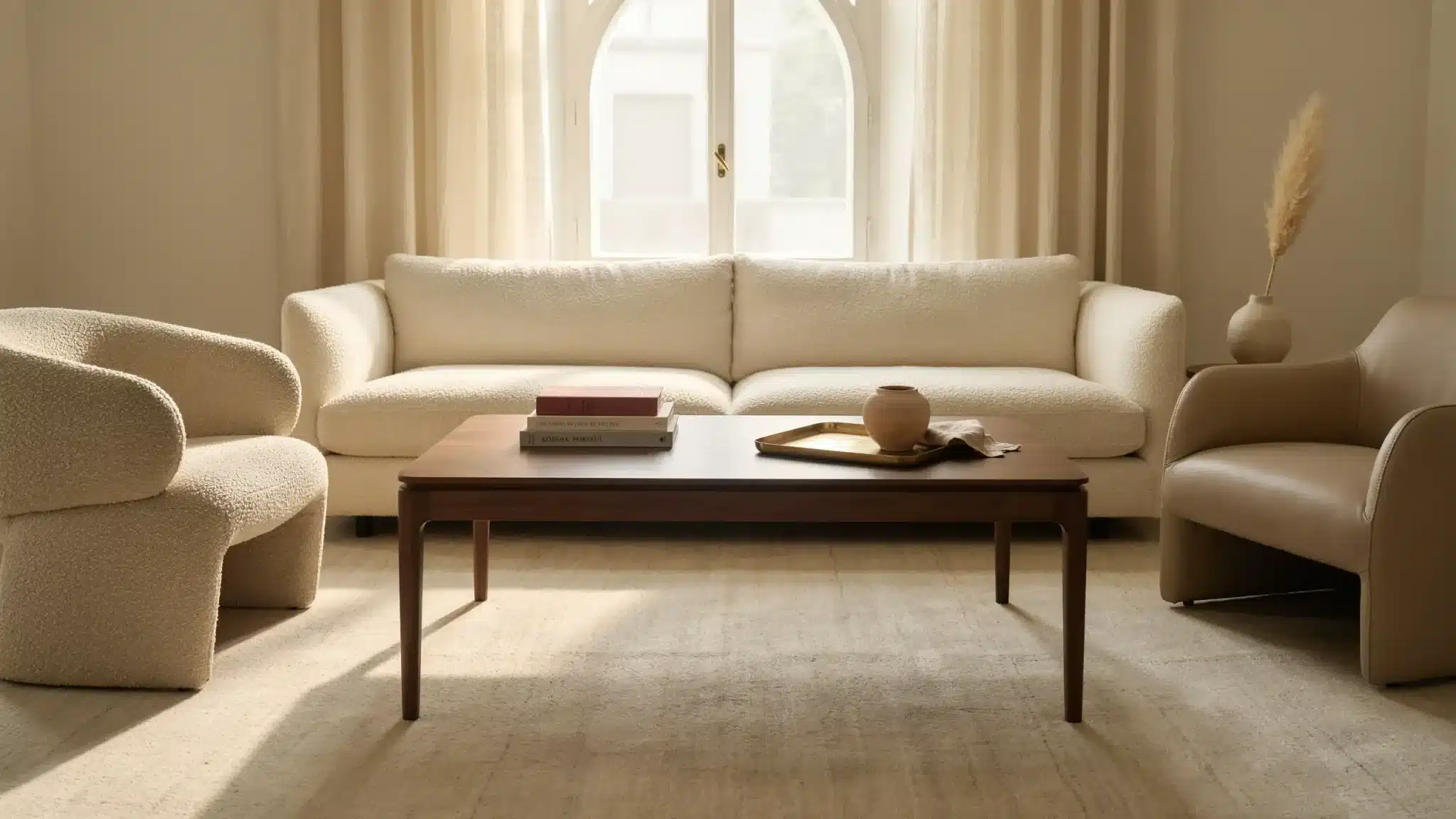 Rectangular wooden coffee table styled with books, a brass tray, and a vase in a neutral living room.