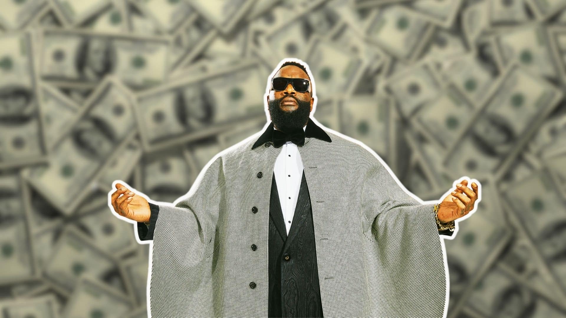 Rick Ross posing against a background of dollar bills for a net worth feature