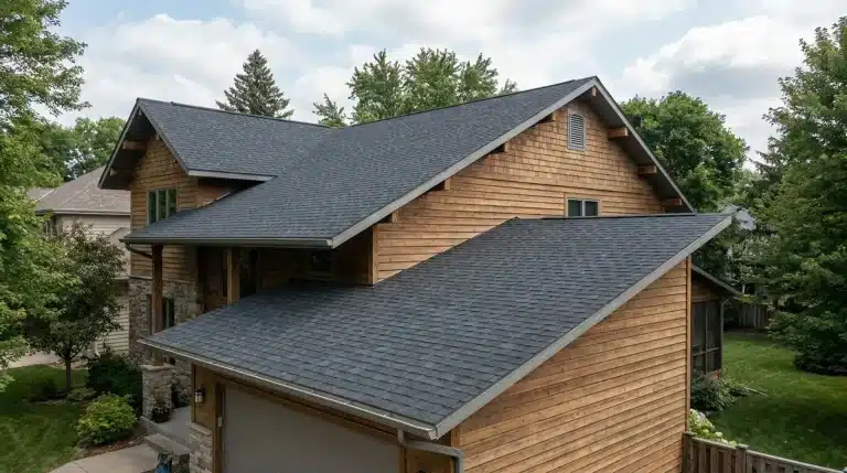 Modern home showing a sloped roof design that demonstrates roof pitch and structure.