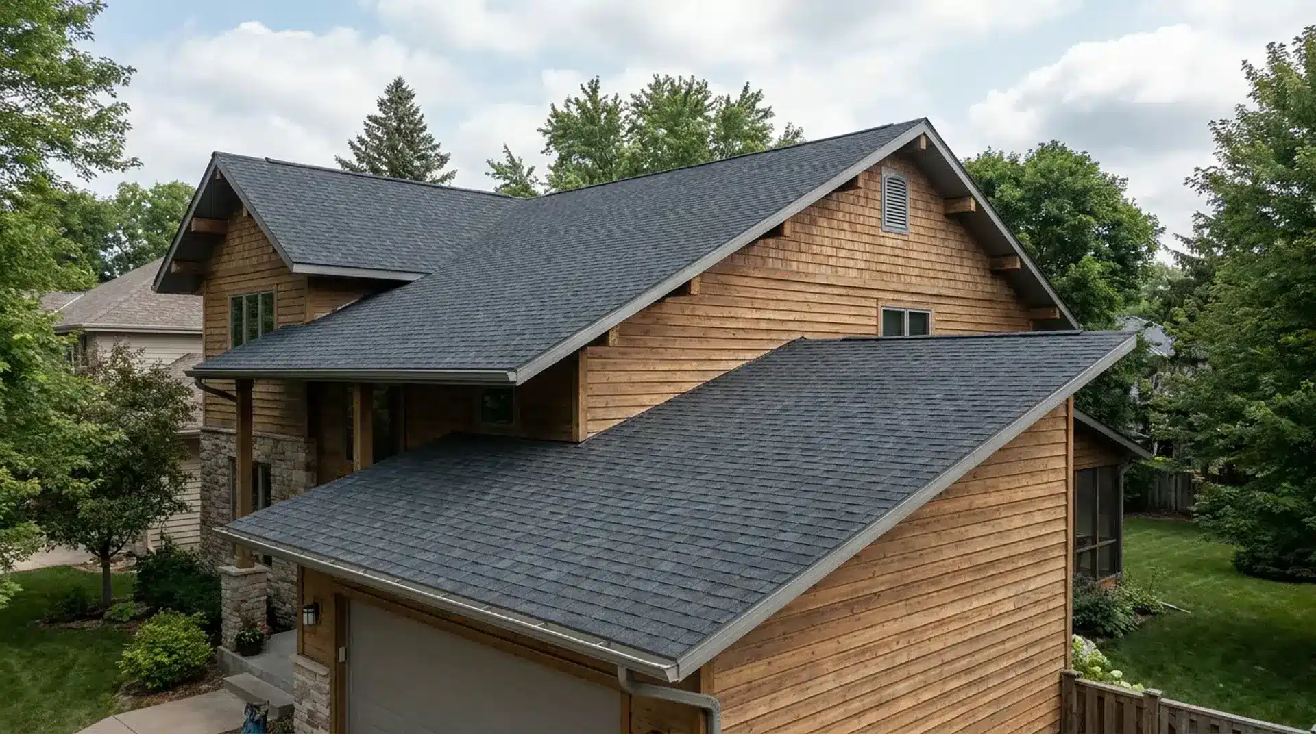 Modern home showing a sloped roof design that demonstrates roof pitch and structure.