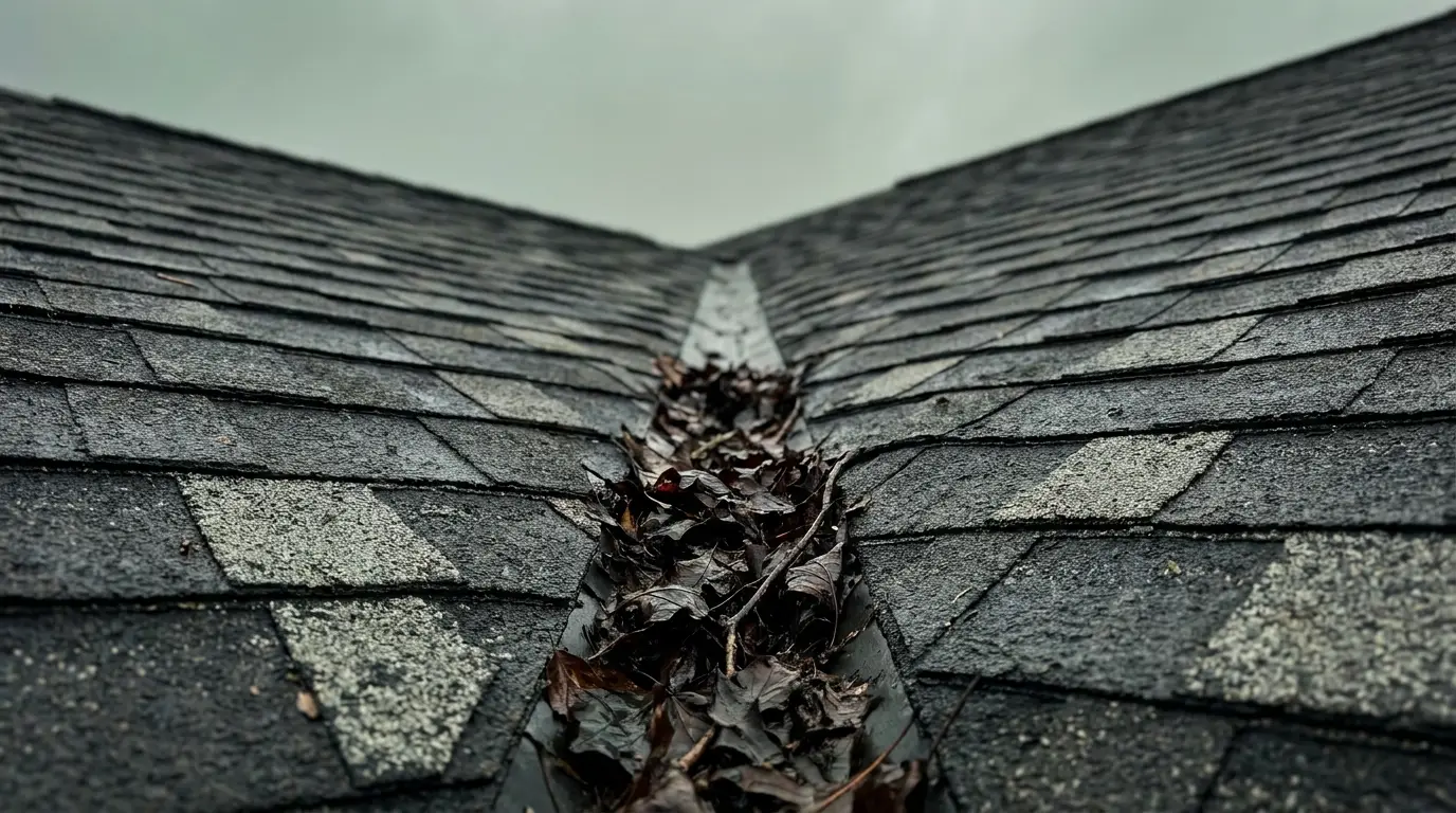 Dark asphalt roof shingles with leaves in the gutter under cloudy sky
