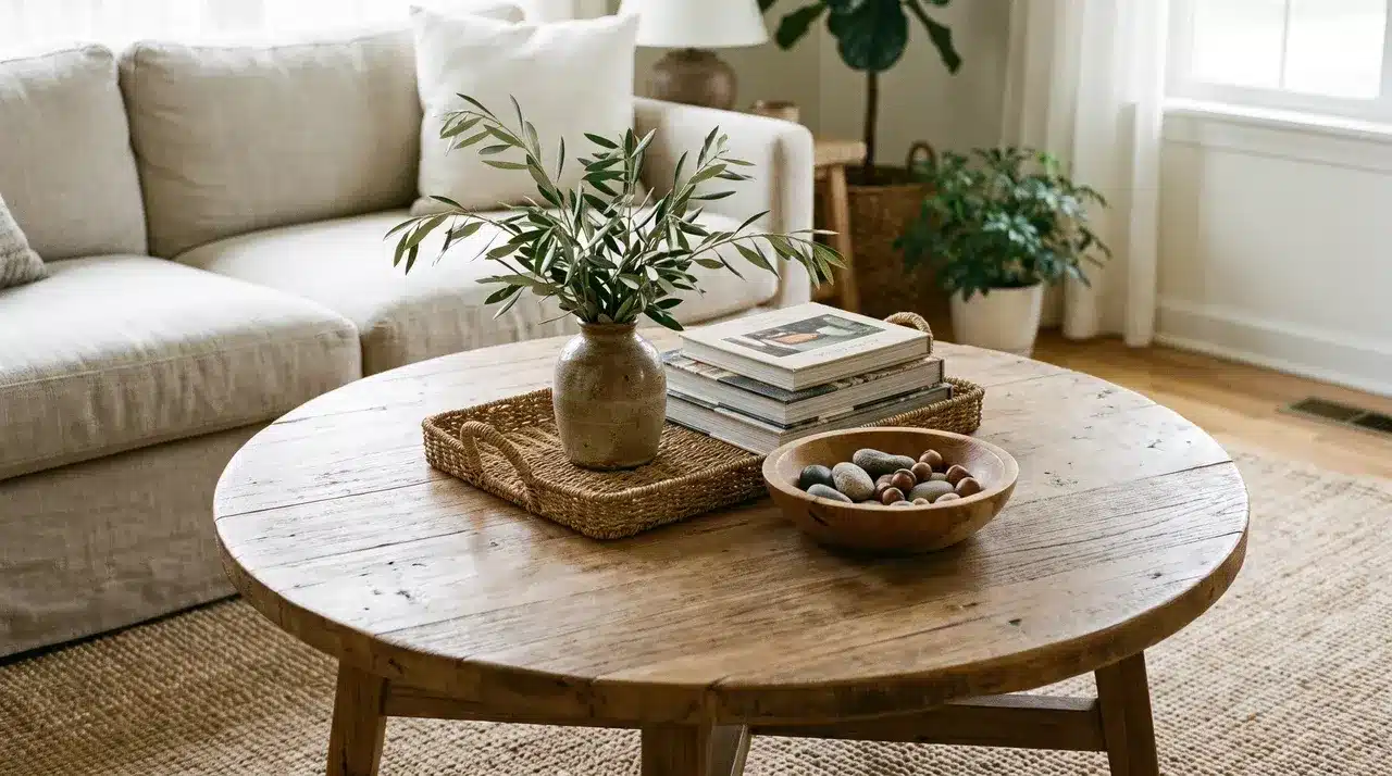Round wooden coffee table styled with a leafy vase, stacked books, a woven tray, and a decorative bowl.