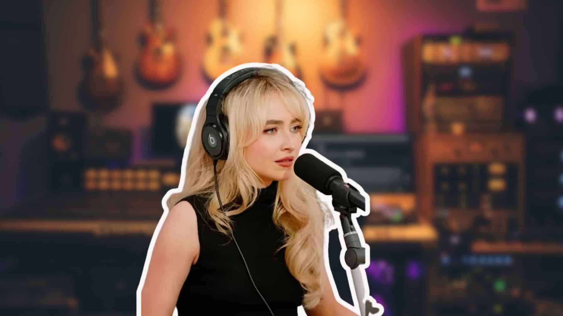 Sabrina Carpenter recording vocals in a studio during her music career.