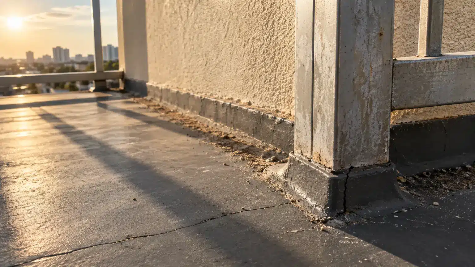 Metal railing post on a concrete rooftop terrace during sunset with city skyline in background