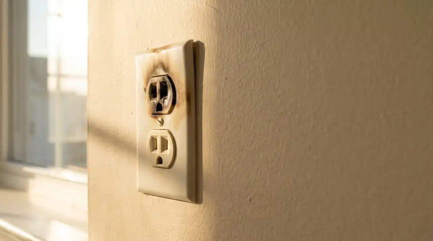 Burnt electrical outlet on beige wall with sunlight streaming through window