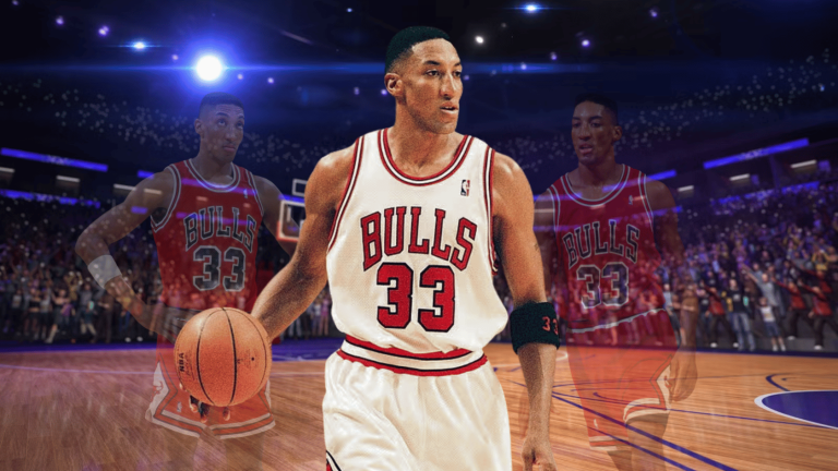 Pippen in a Bulls jersey on a basketball court with action poses in the background