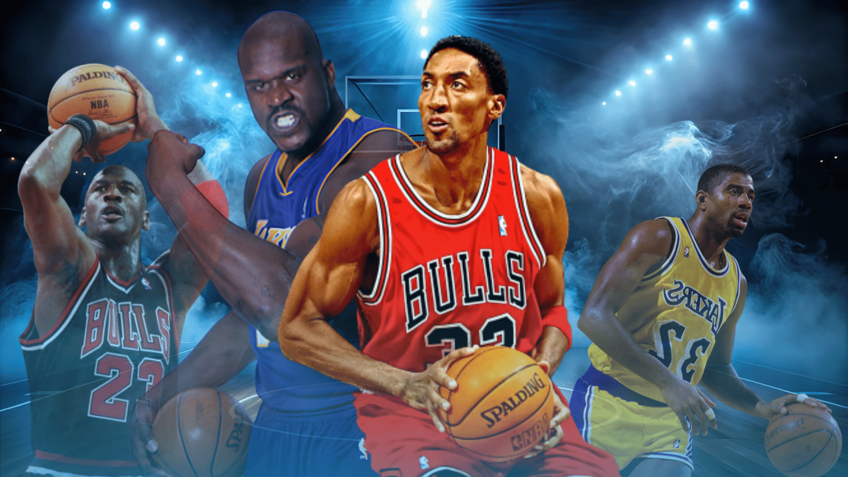 Scottie Pippen and other NBA legends playing basketball in a comparison collage.