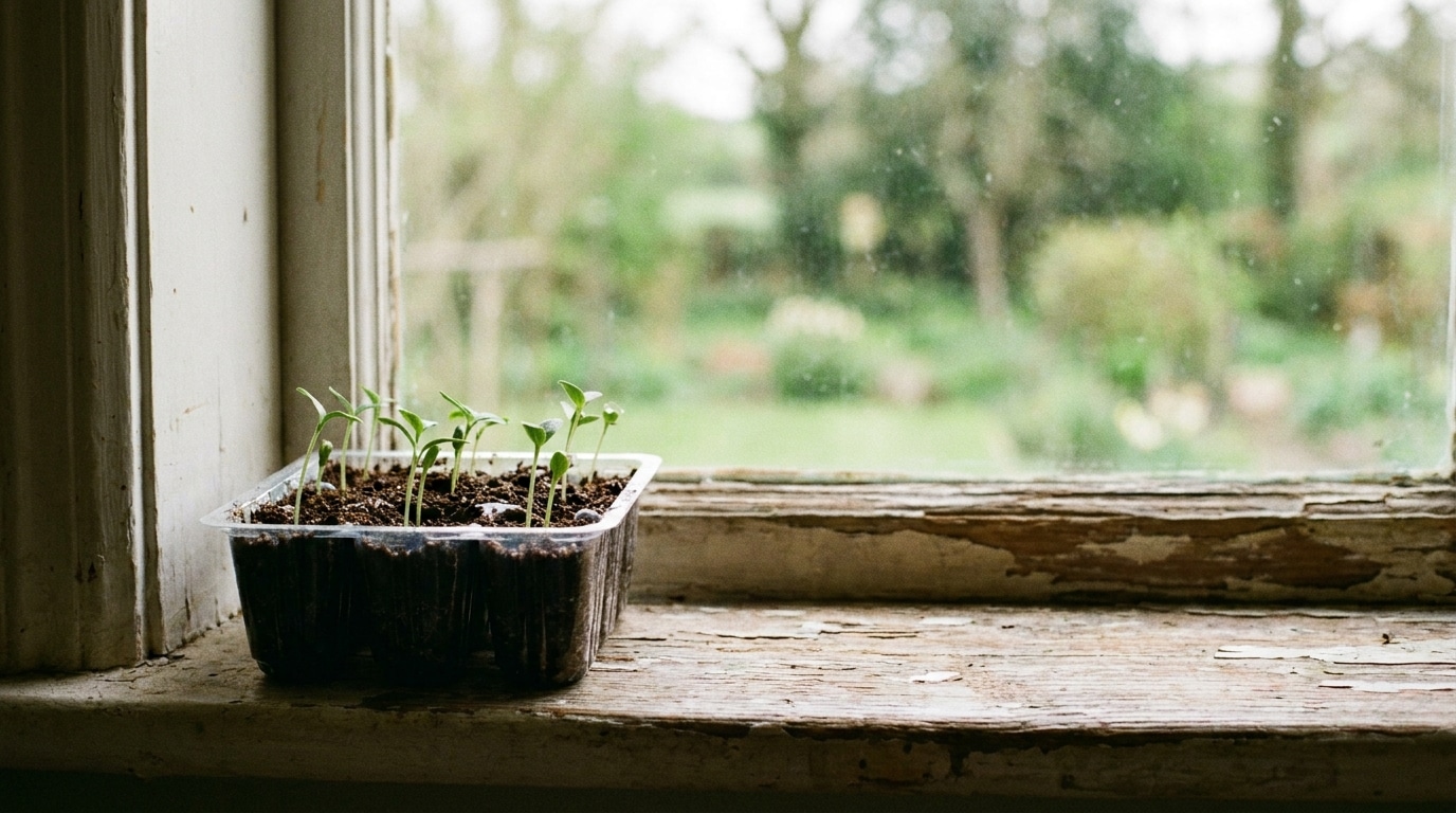 Seedlings in plastic tray on rustic windowsill overlooking garden with blurred greenery