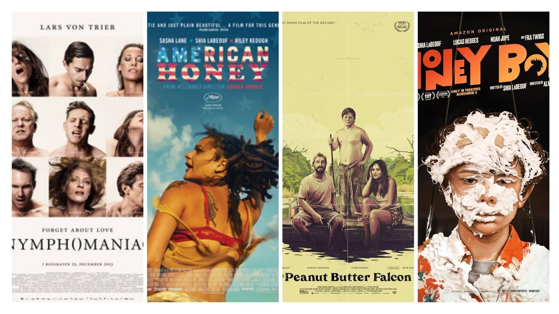 Shia LaBeouf film collage featuring Nymphomaniac American Honey Honey Boy and Peanut Butter Falcon