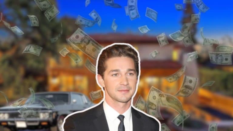 Shia LaBeouf surrounded by money imagery representing his net worth and movie earnings.