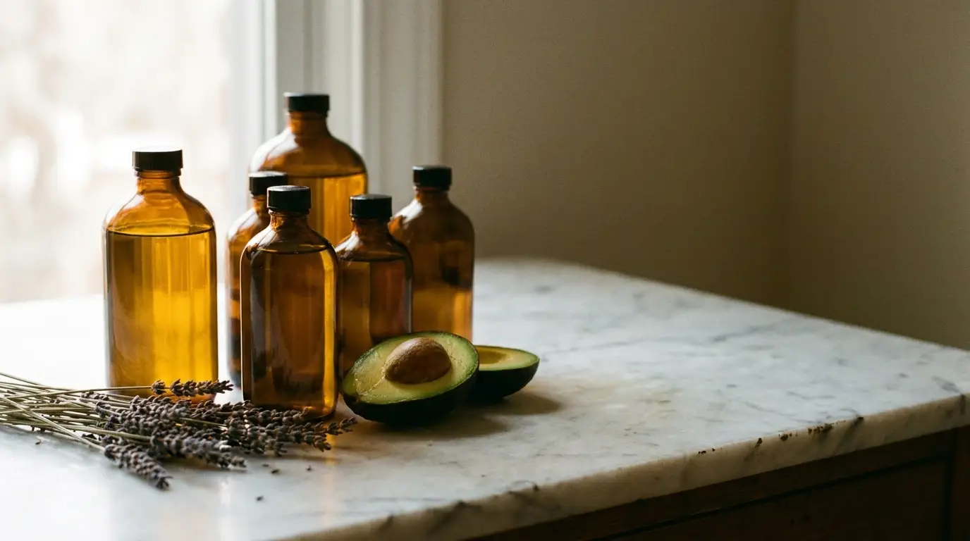 Amber glass bottles, halved avocado, and dried lavender on marble countertop in warm lighting