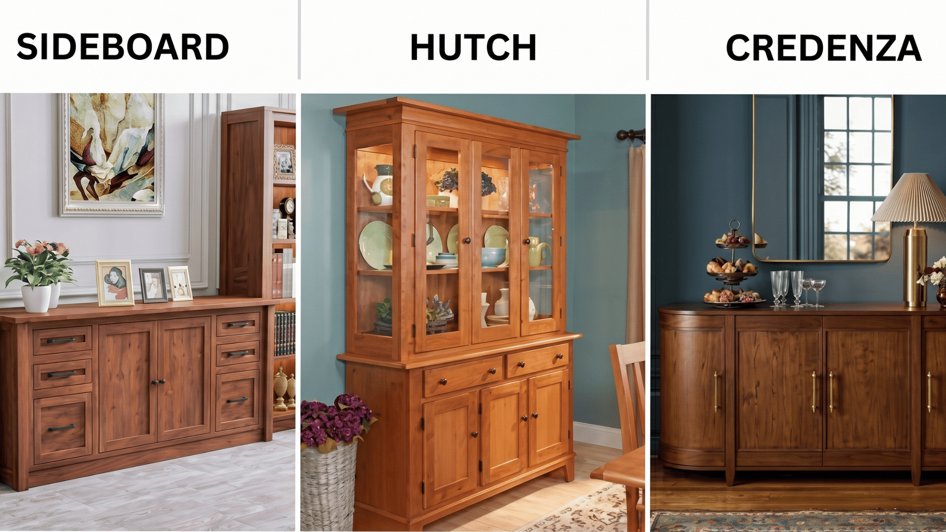 A side-by-side comparison of a sideboard, hutch, and credenza showing their storage styles and design differences."