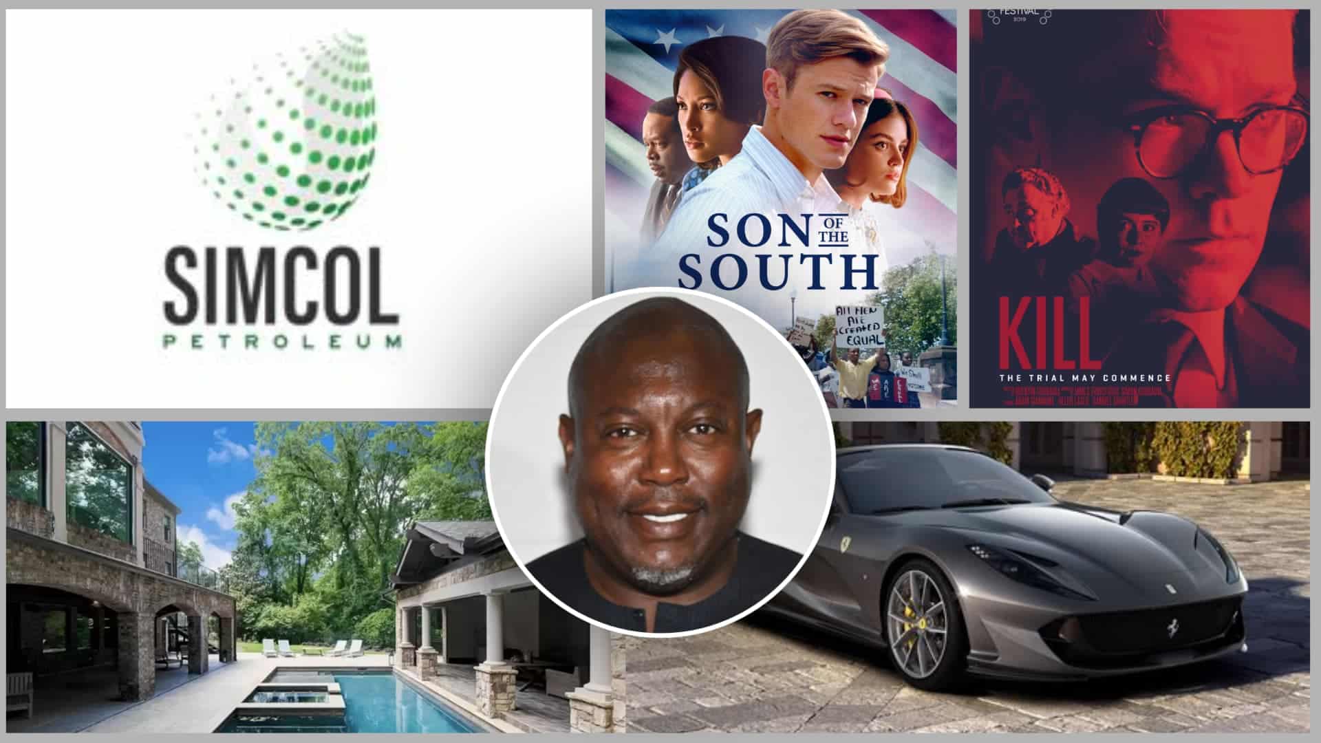 Grid of images representing Simon Guobadia’s business ventures including petroleum, real estate, and entertainment