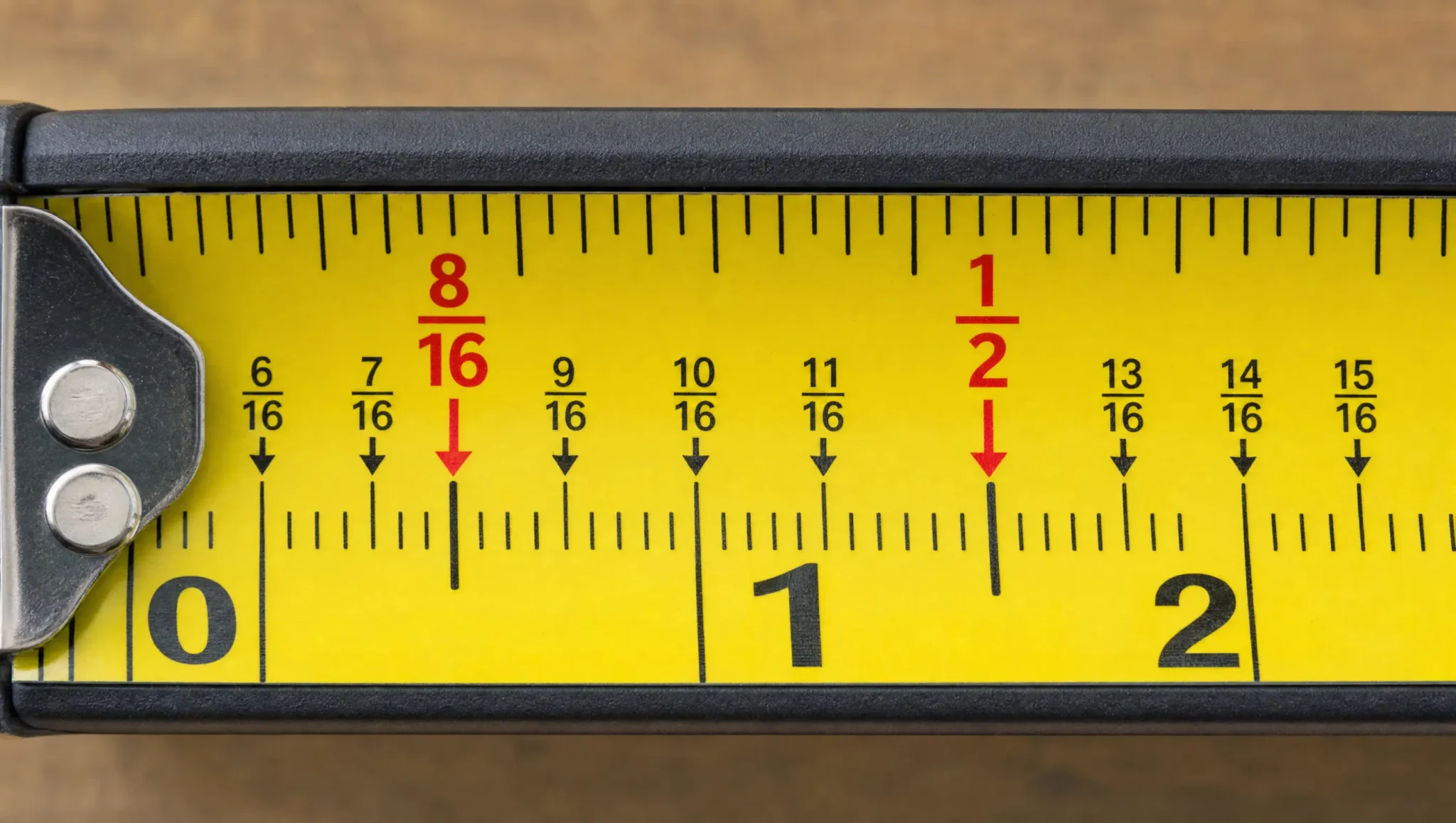 tape measure showing fractional inch marks and how 8/16 simplifies to 1/2 inch between whole-inch measurements.