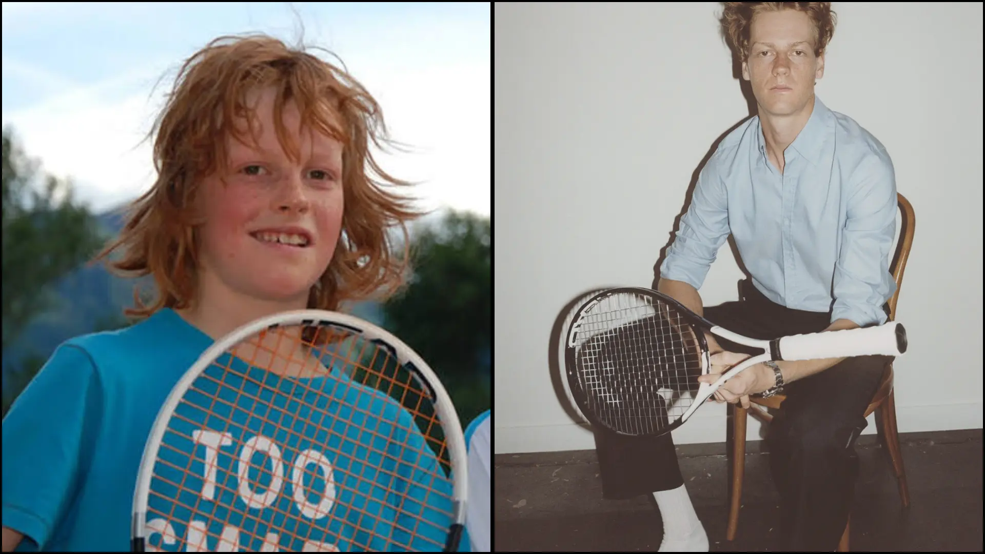  Side-by-side childhood and youth photos showing Jannik Sinner's early sports journey.