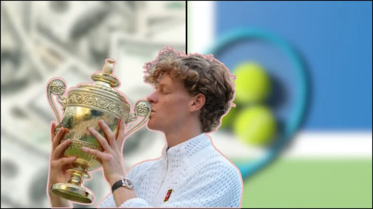 Jannik Sinner kissing championship trophy after winning a major tournament with a blurred court background.