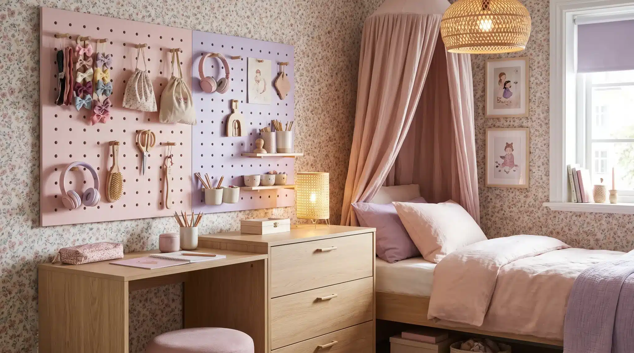 Small girl’s bedroom with a pegboard organizing accessories and craft supplies