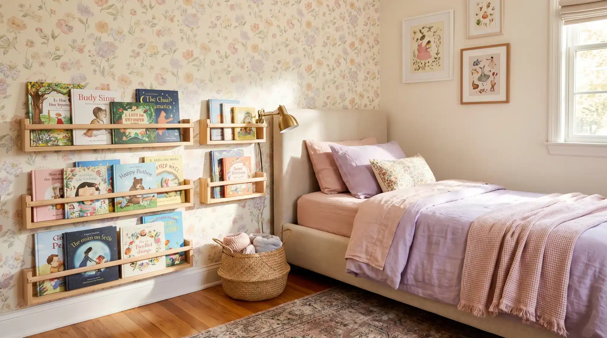 Small girl’s bedroom with wall-mounted book ledges beside a cozy bed