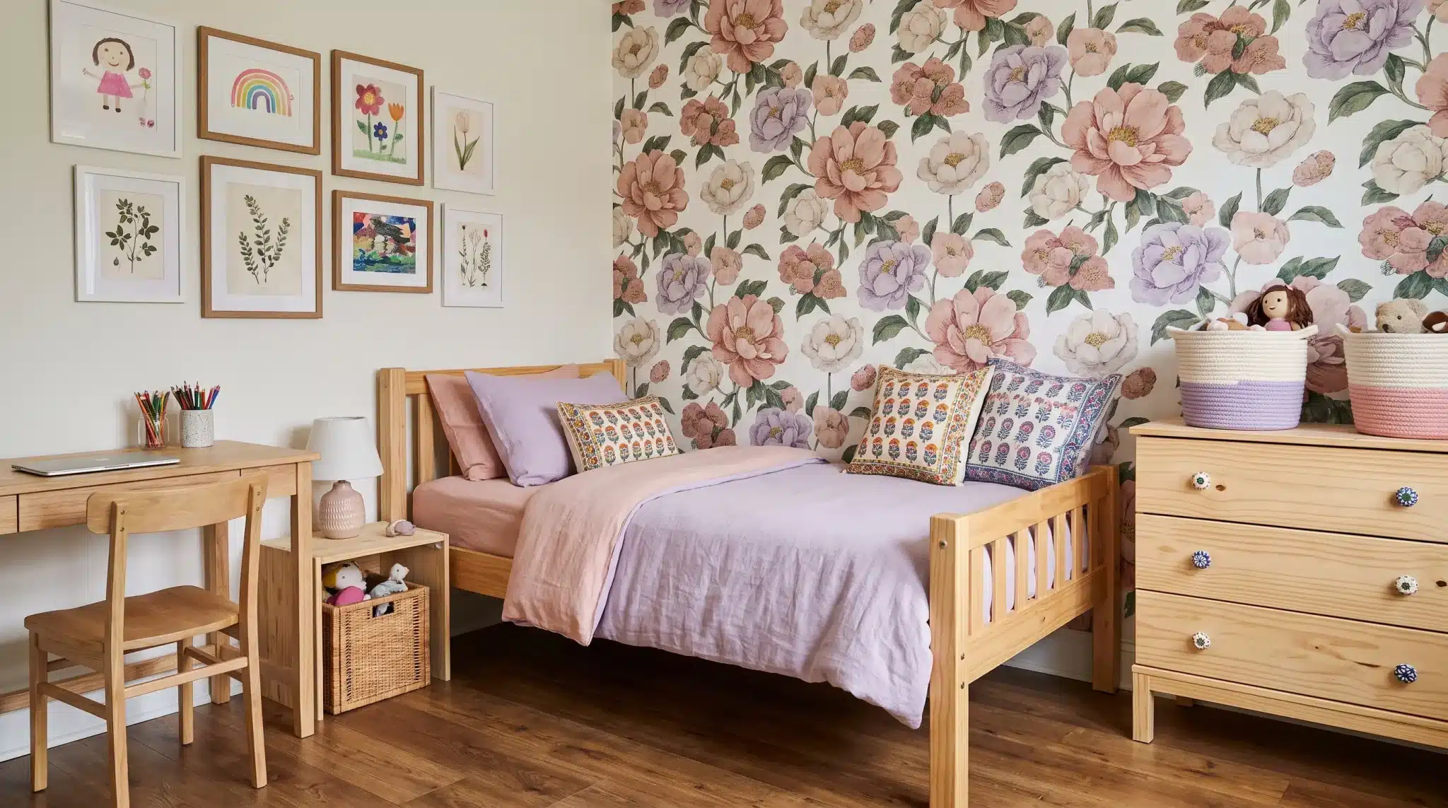 Small girl’s bedroom refreshed with new bedding, wallpaper, and affordable decor