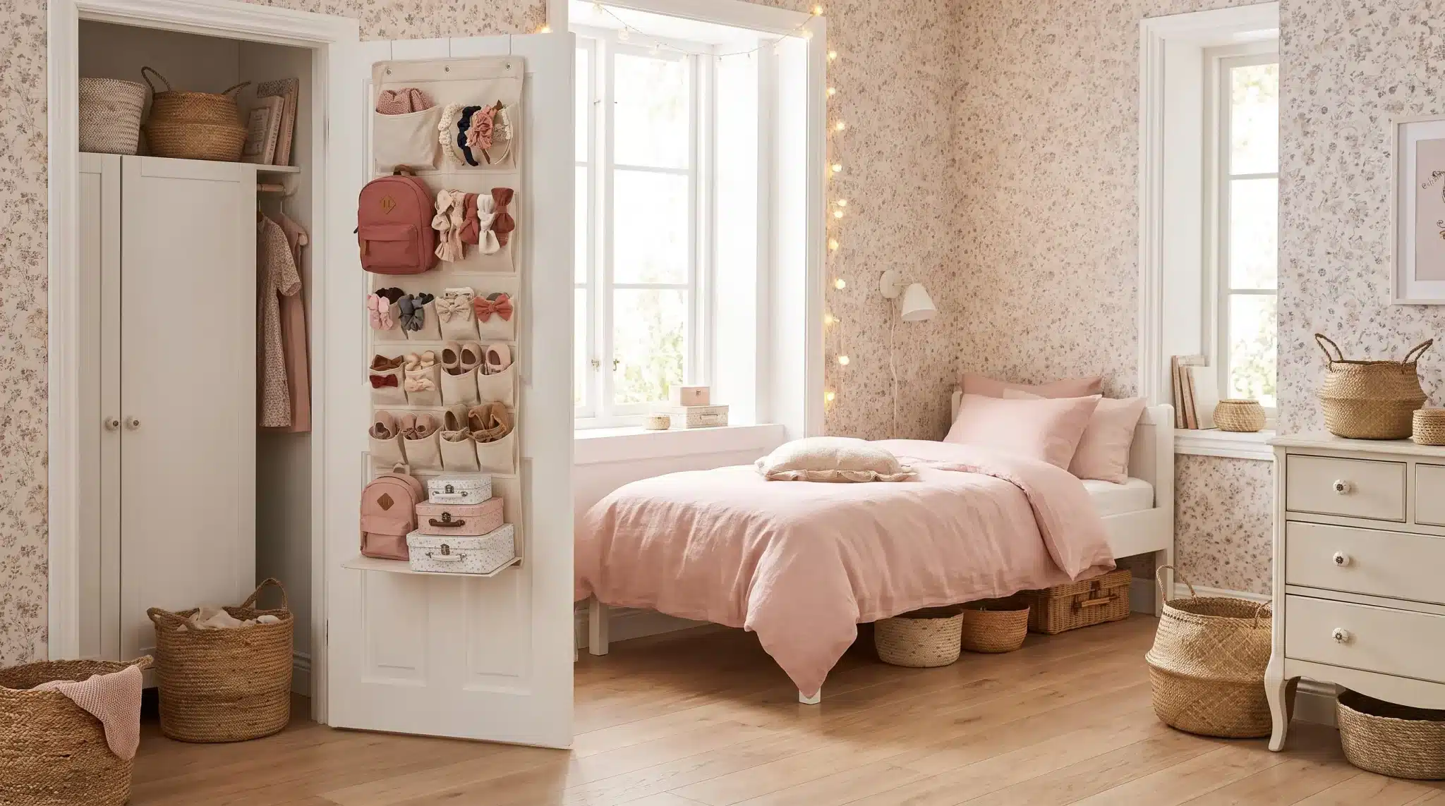Small girl’s bedroom with organized accessories stored on a closet door