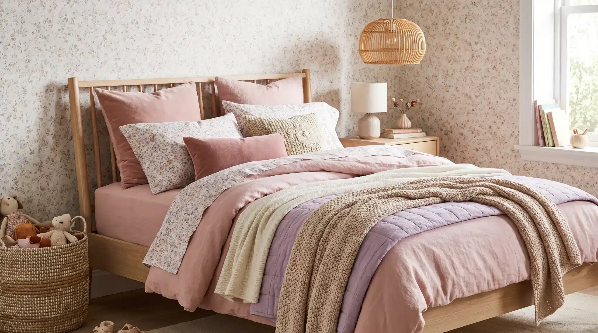 Small girl’s bedroom with layered blush, lavender, and floral bedding