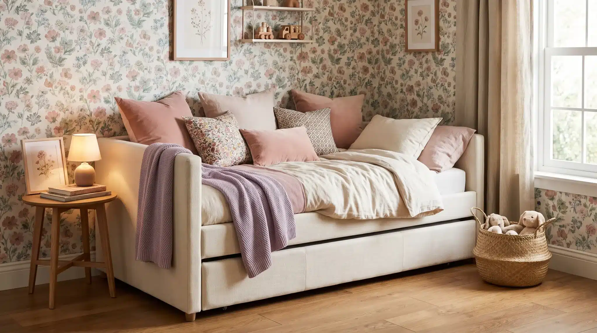 Small girl’s bedroom with a pastel daybed and concealed trundle