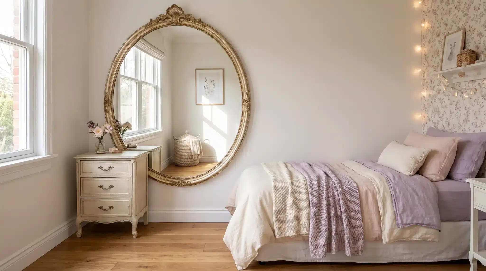 Small girl’s bedroom with a decorative mirror reflecting natural window light