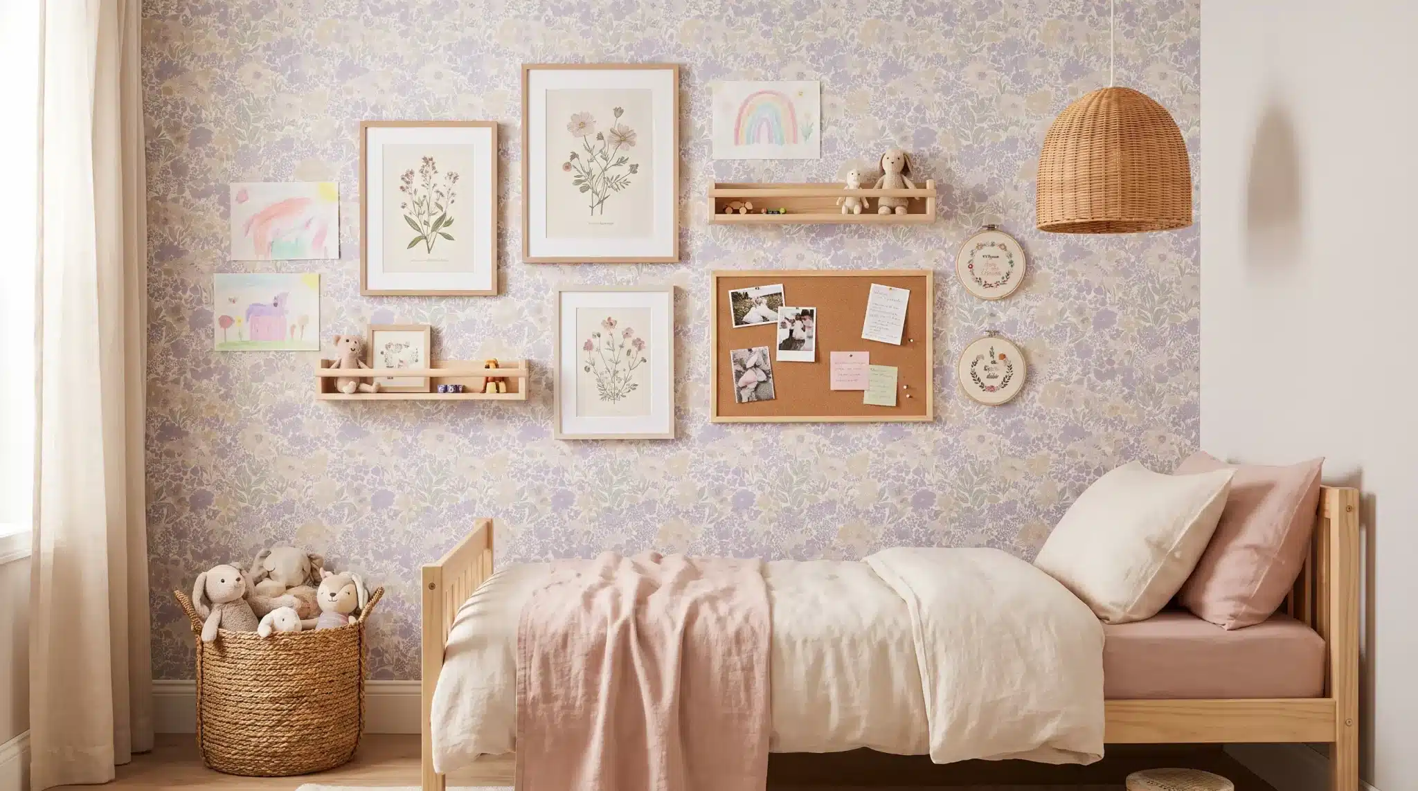 Small girl’s bedroom with a colorful wall display of artwork and photos