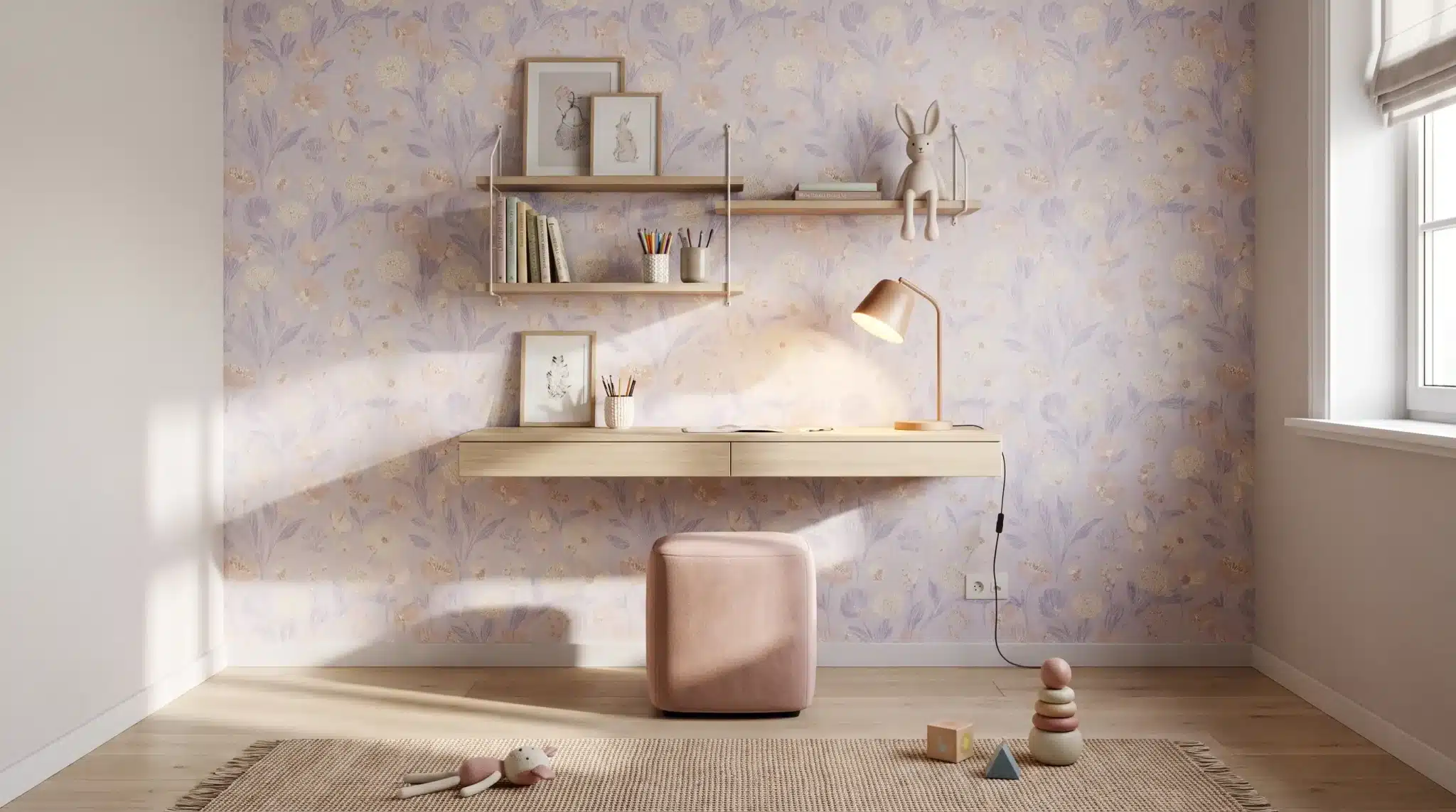 Small girl’s bedroom with a floating desk and wall-mounted shelves