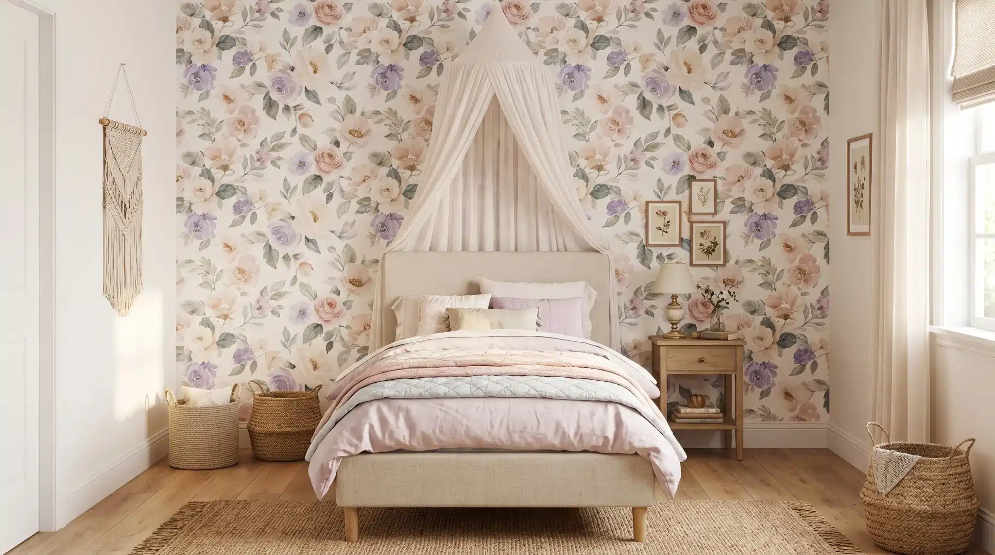 Small girl’s bedroom with floral wallpaper creating a colorful focal wall