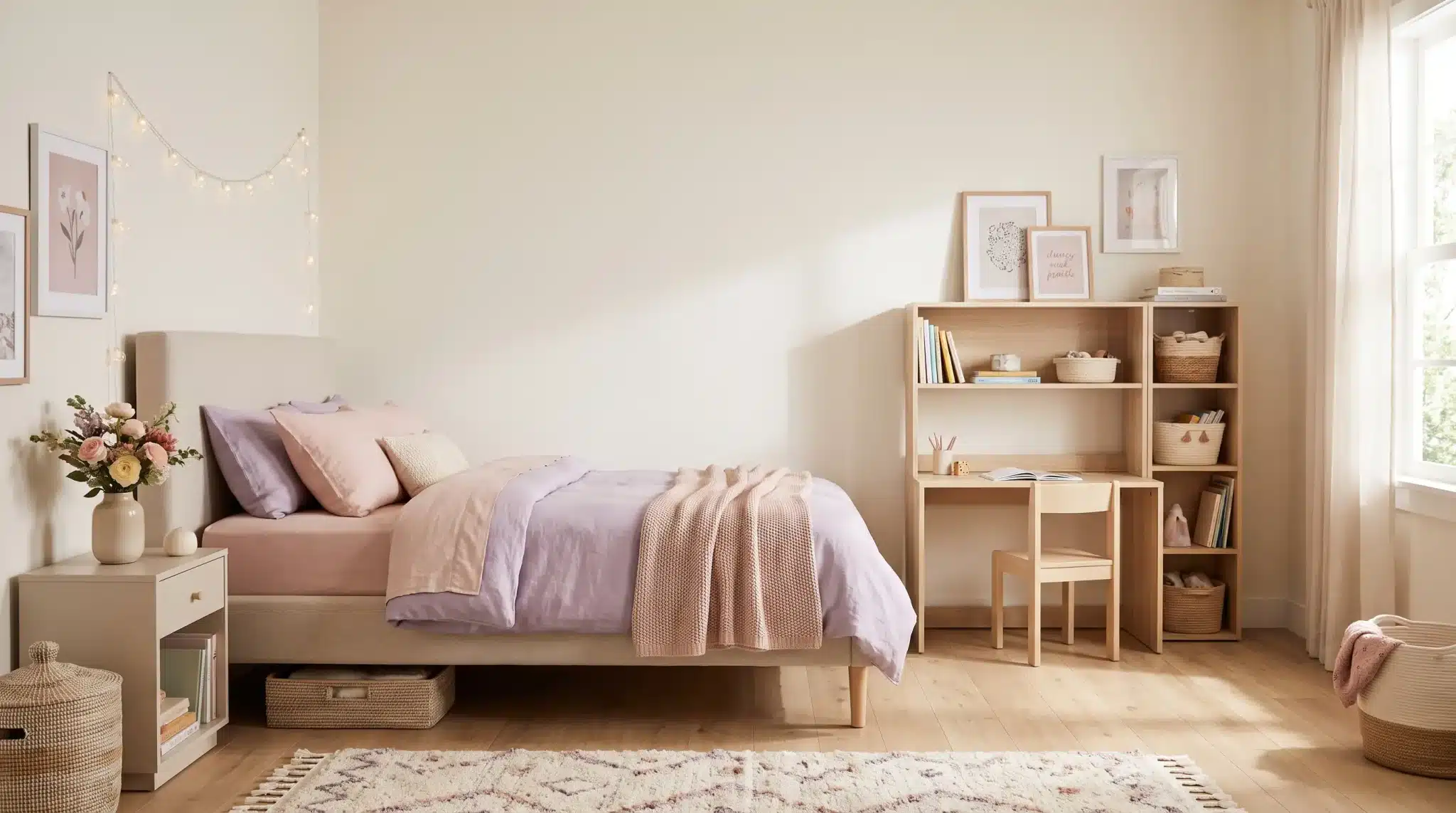 Small girl’s bedroom with versatile furniture and adaptable decor for growing children