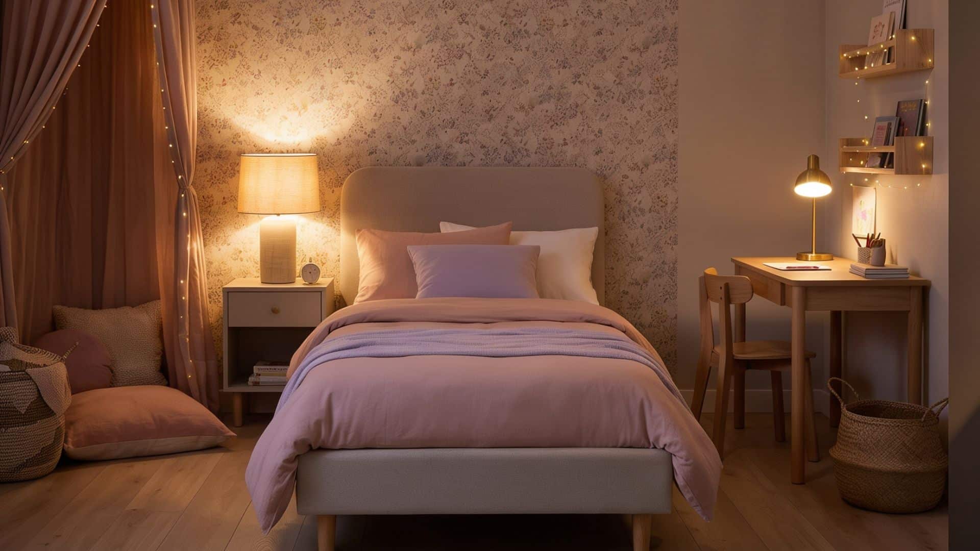 Small girl’s bedroom with pendant, bedside, desk, and decorative lighting