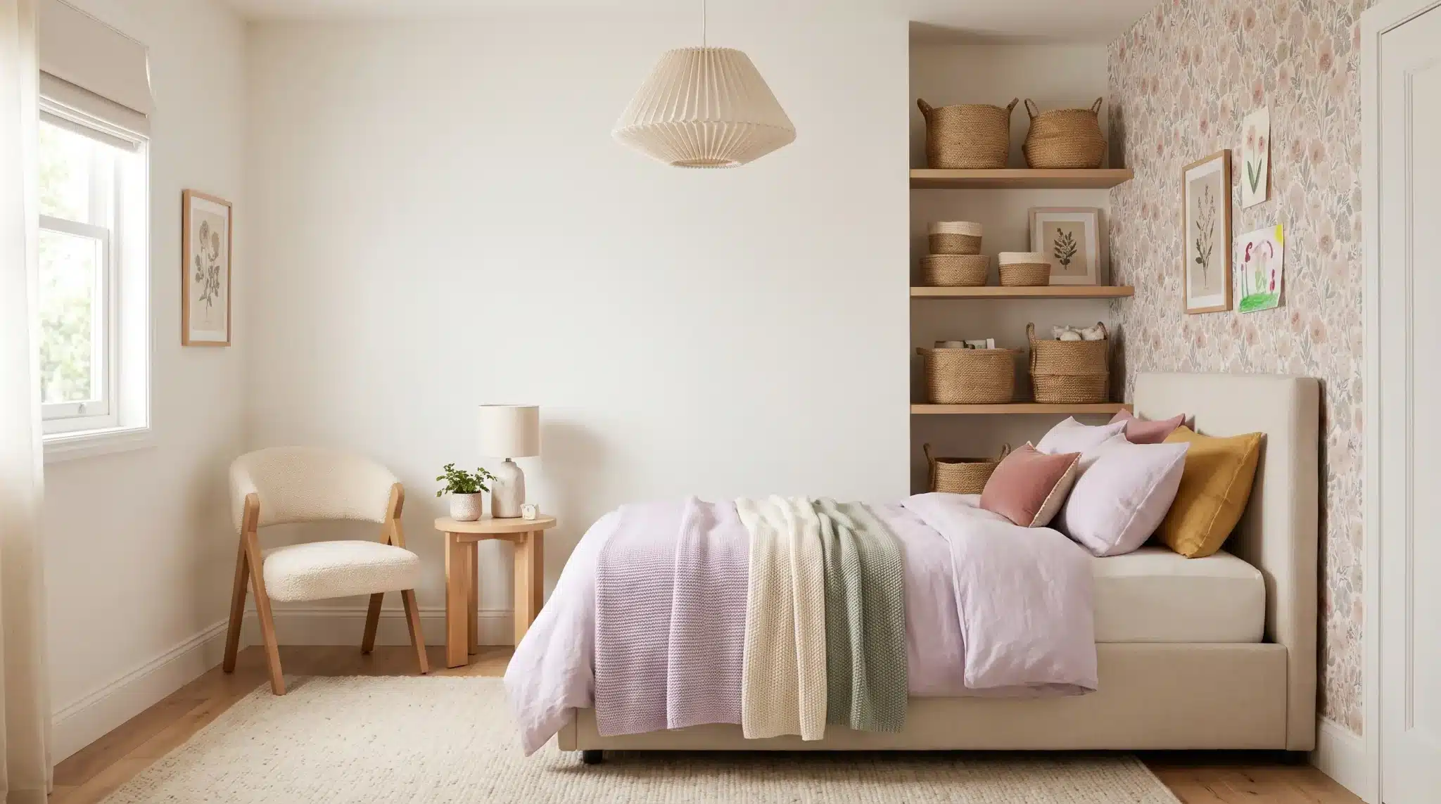 Small girl’s bedroom with soft pink, lavender, cream, and light wood decor