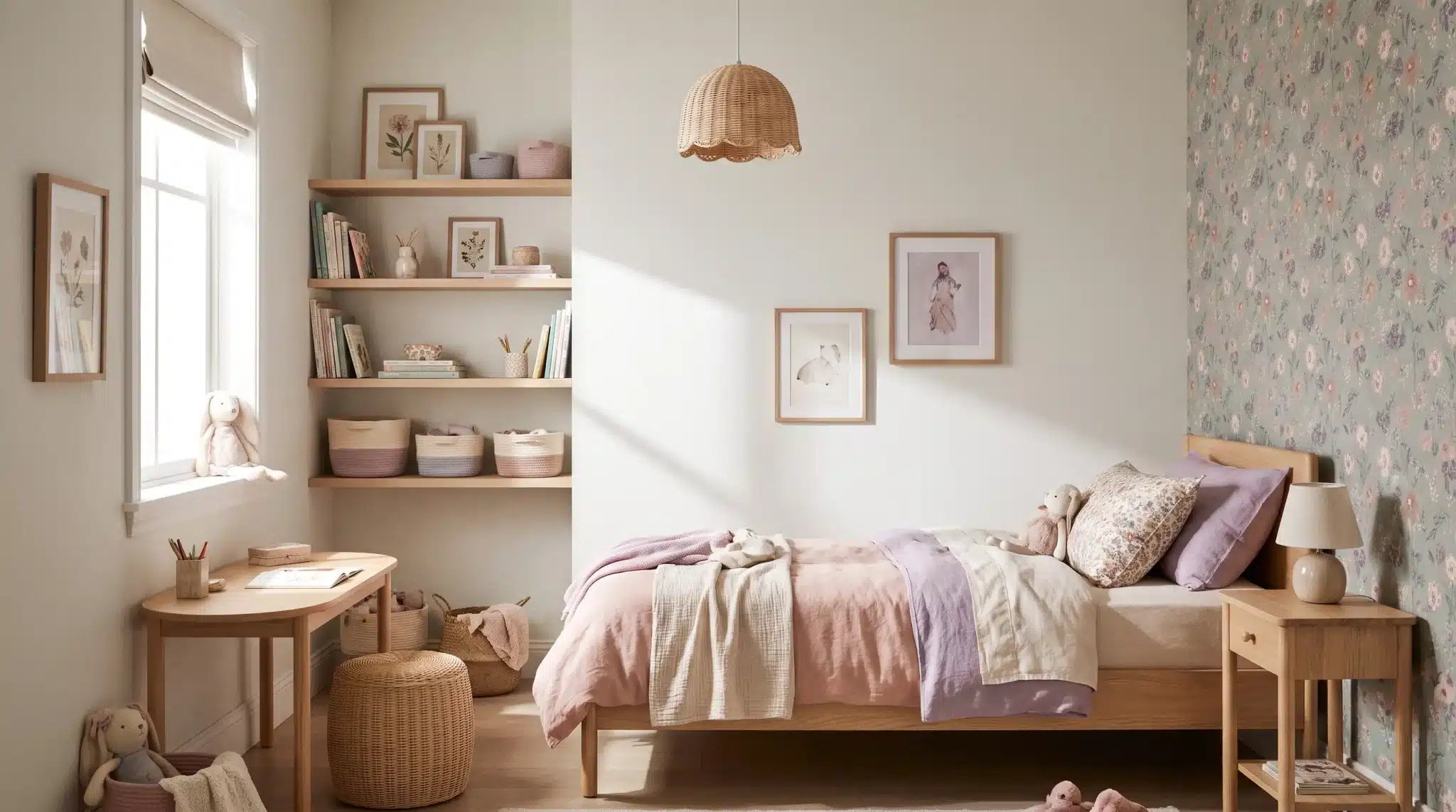Small girl’s bedroom with slim furniture, open shelving, and clear sightlines