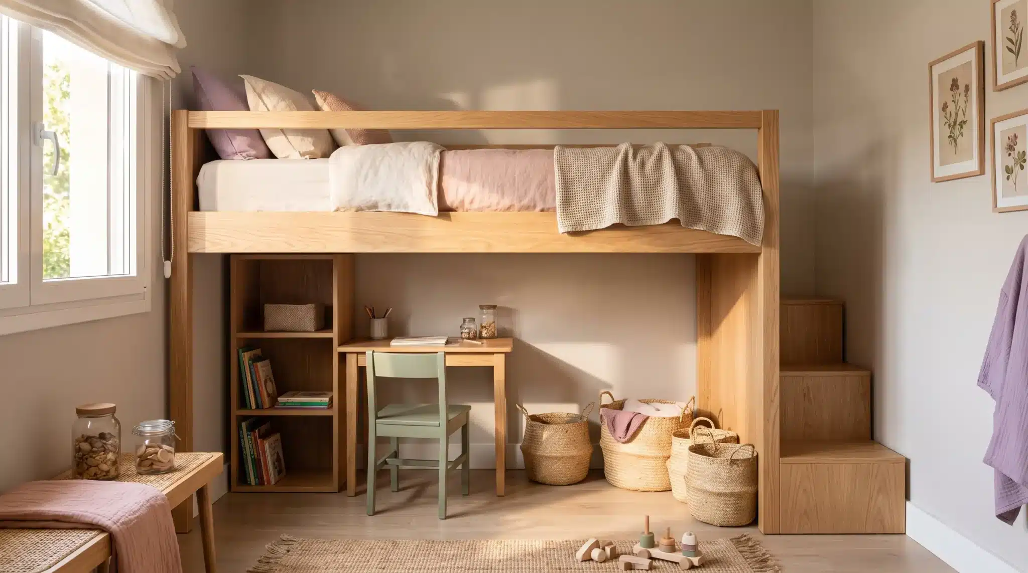 Small girl’s bedroom with a loft bed, study nook, shelves, and pastel decor