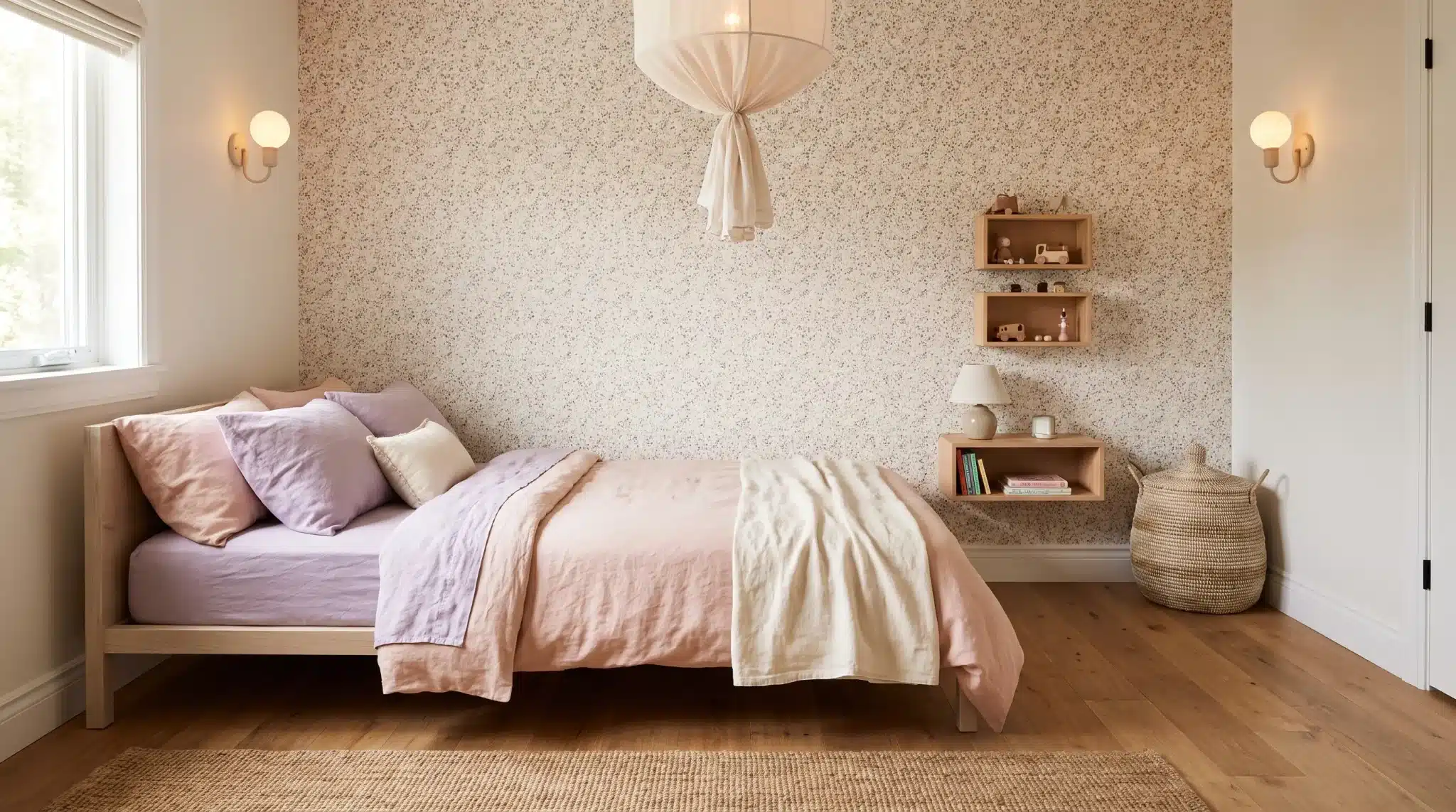 Small girl’s bedroom with a streamlined low-profile bed and open floor space