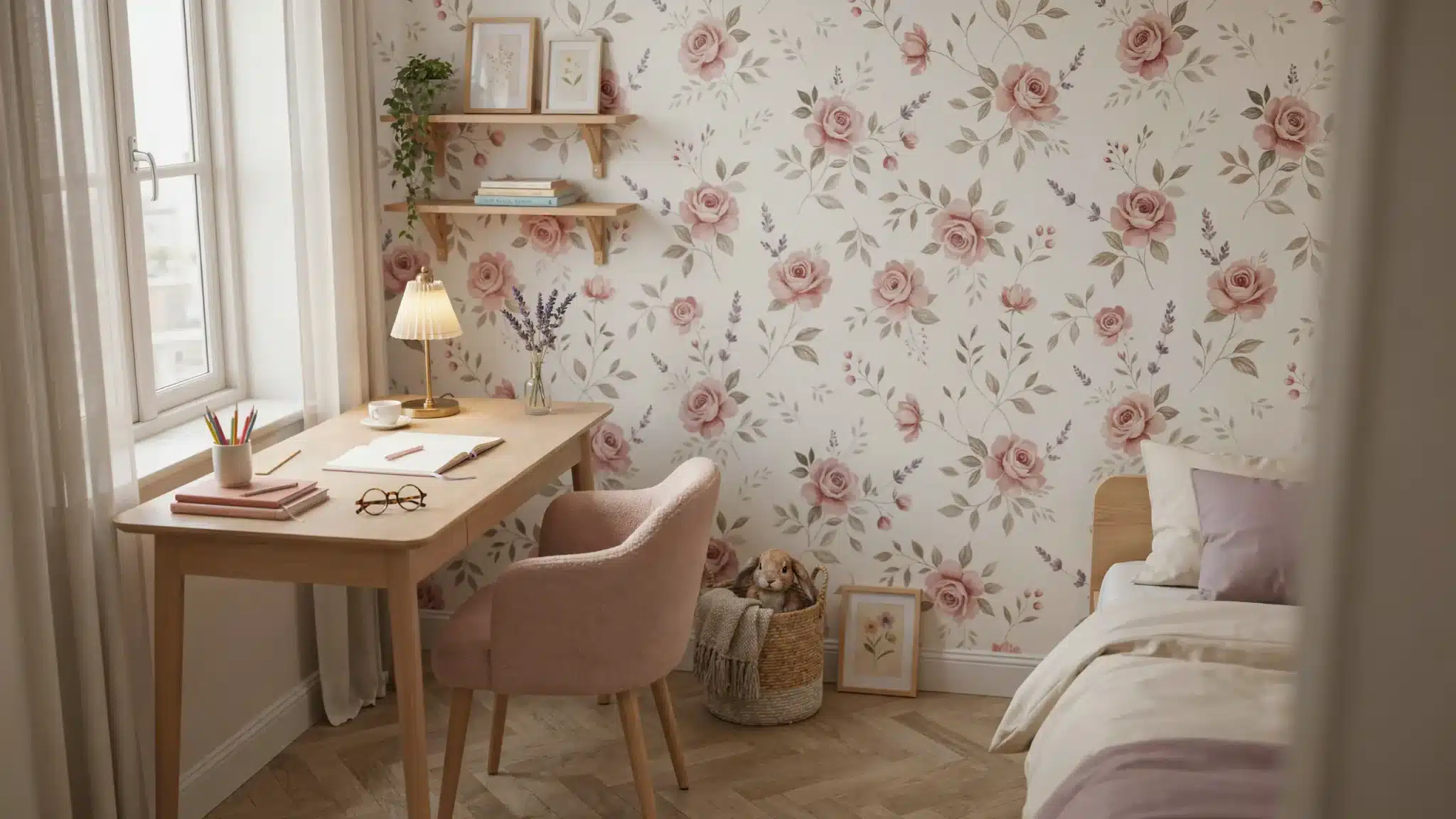  Small girl’s bedroom with a cozy reading corner, chair, lamp, and books