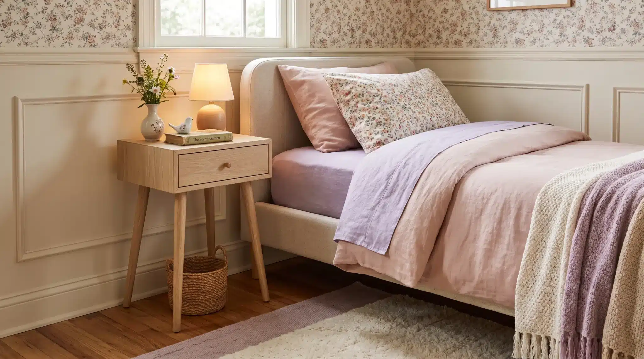 Small girl’s bedroom with a slim wooden nightstand beside the bed