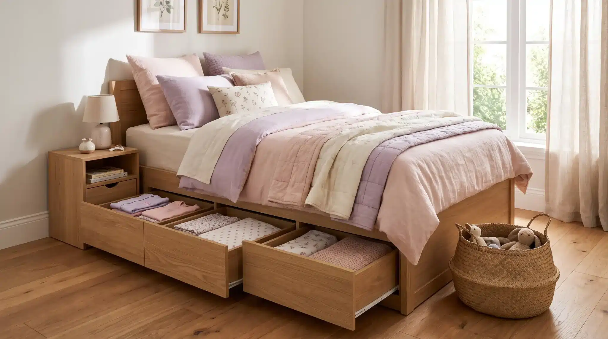 Small girl’s bedroom with a storage bed featuring built-in drawers