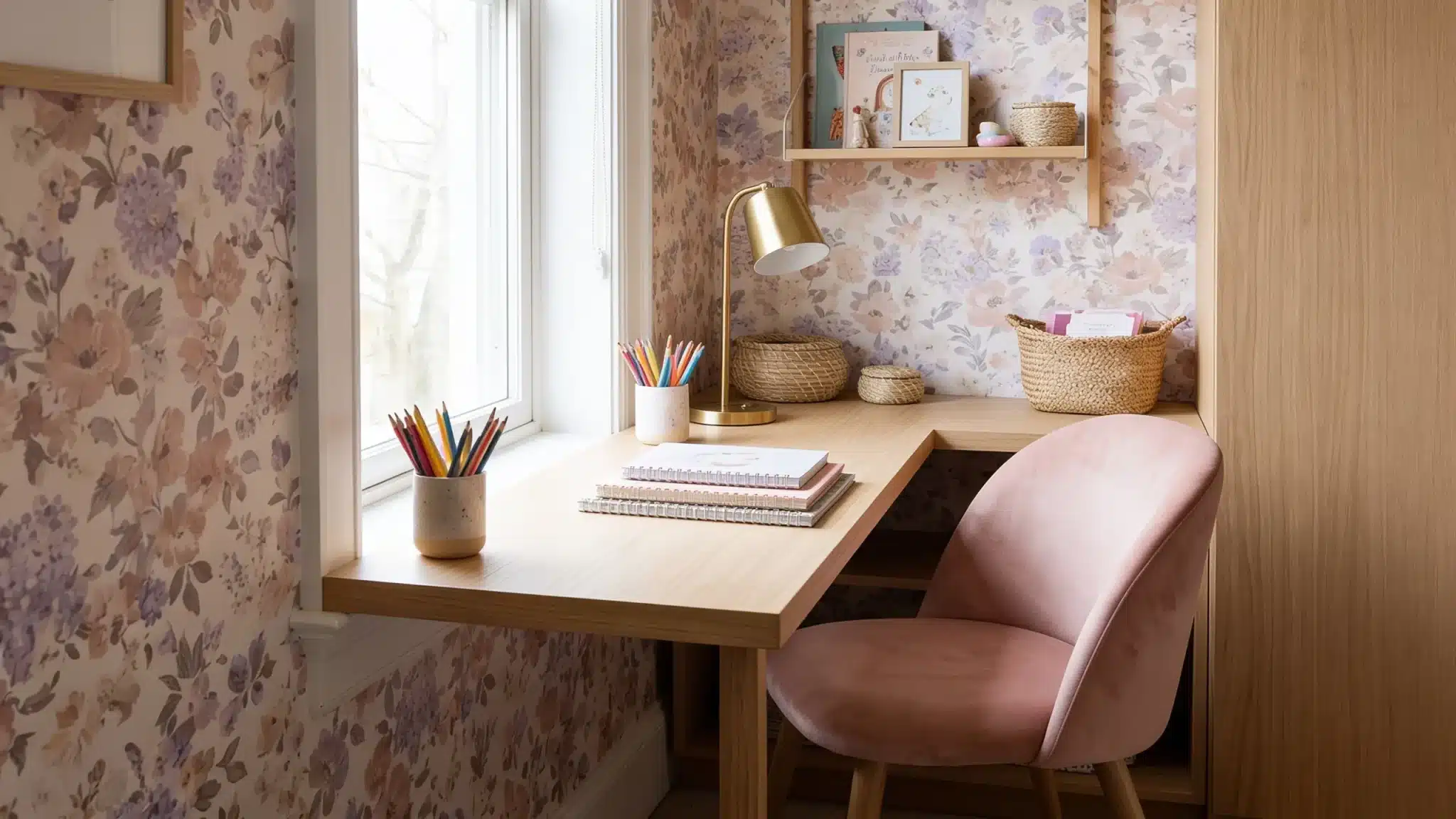  Compact girl’s bedroom with a study nook, desk, shelves, and floral wallpaper