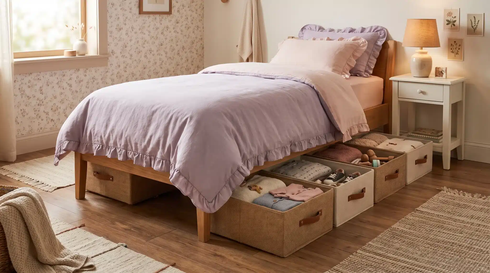 Small girl’s bedroom with organized storage bins beneath the bed