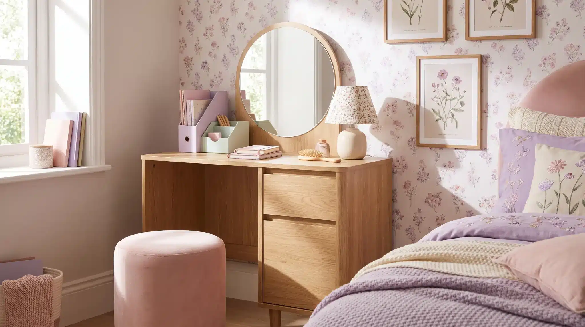 Small girl’s bedroom with a compact desk doubling as a vanity
