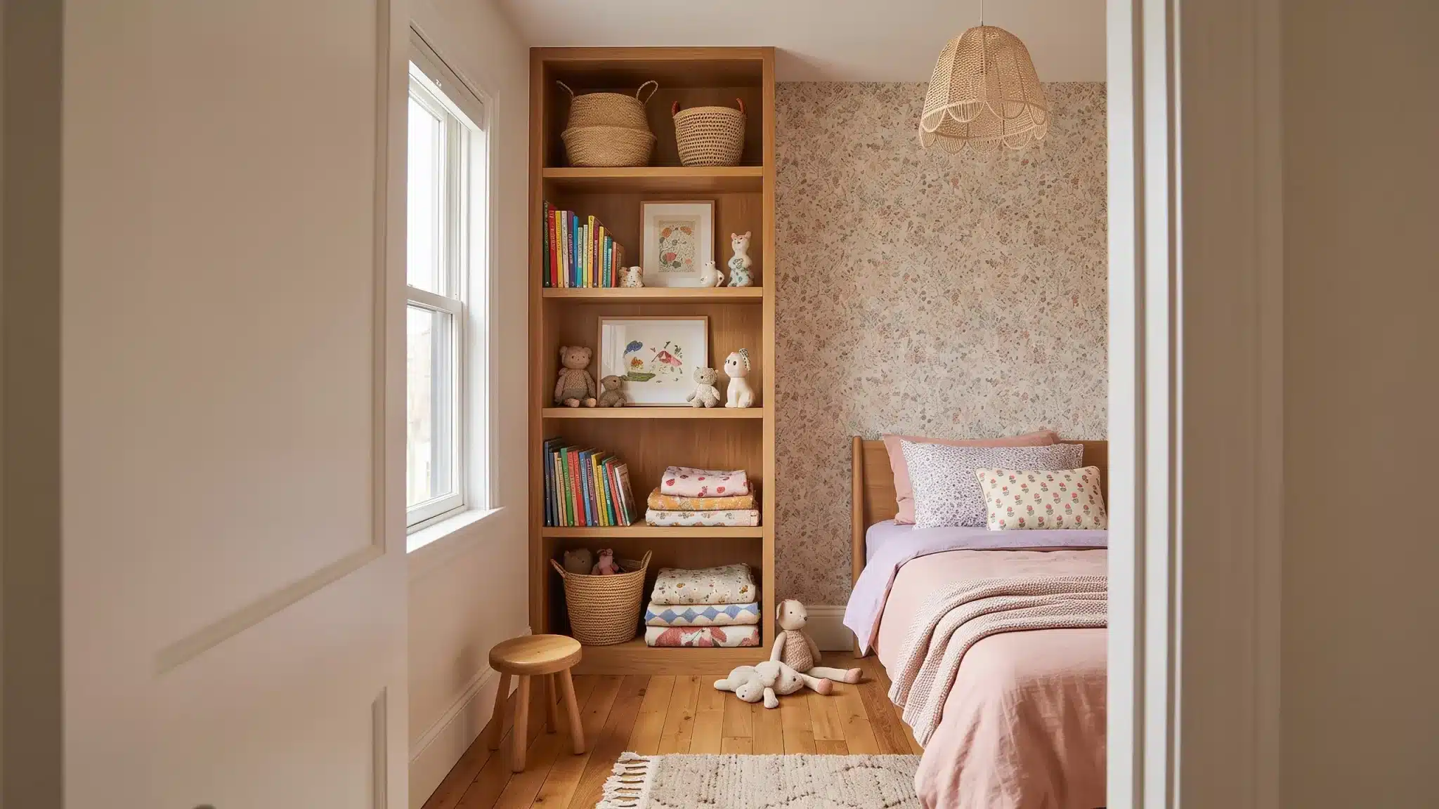 Small girl’s bedroom with tall shelves and vertical wall storage
