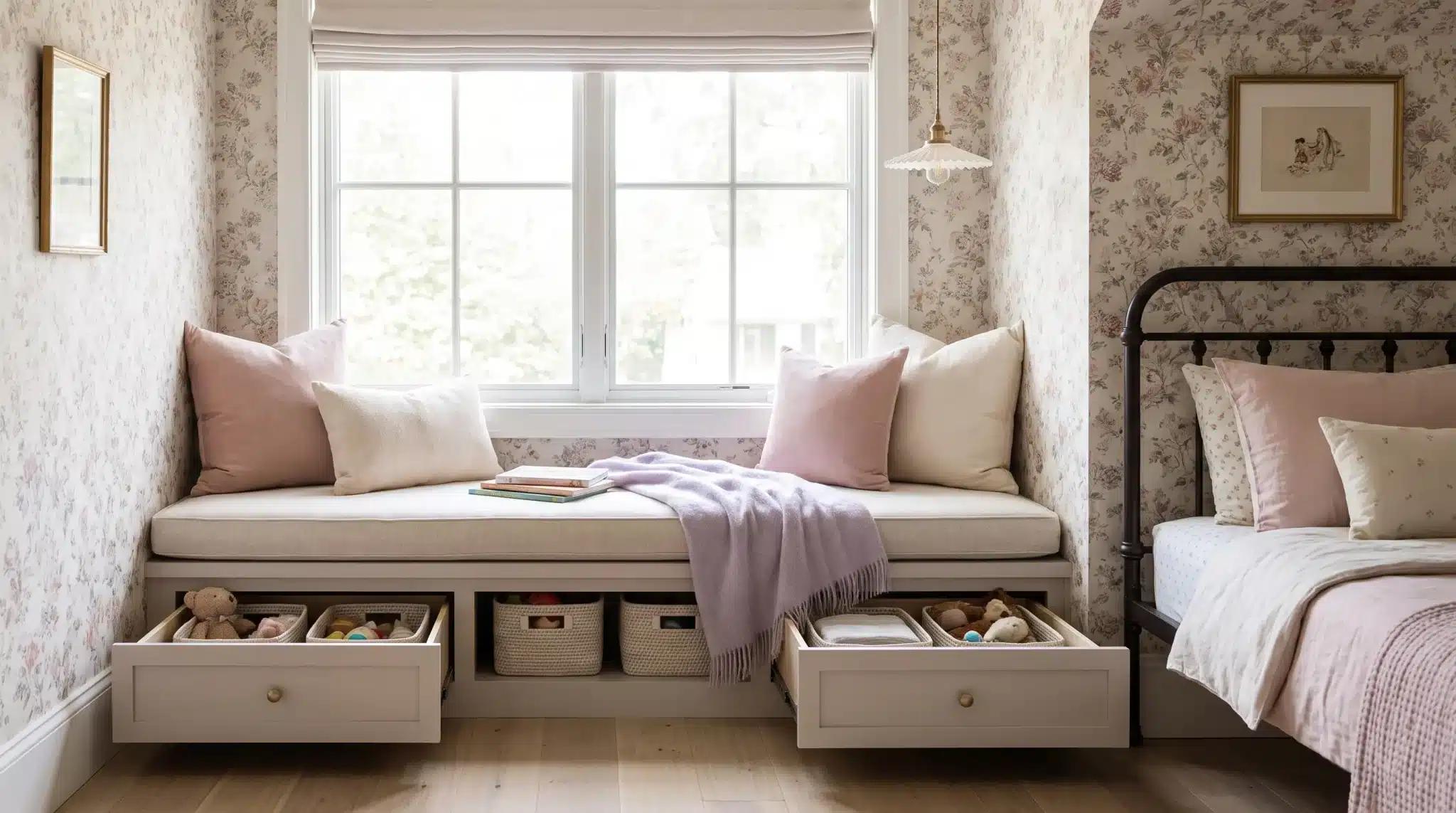 Small girl’s bedroom with a cushioned window seat and hidden storage drawers