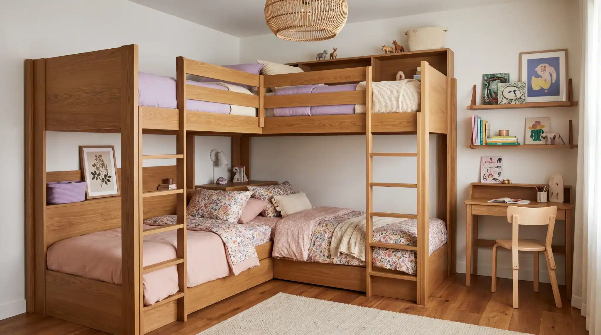 Small shared girl’s bedroom with bunk beds and separate personal storage