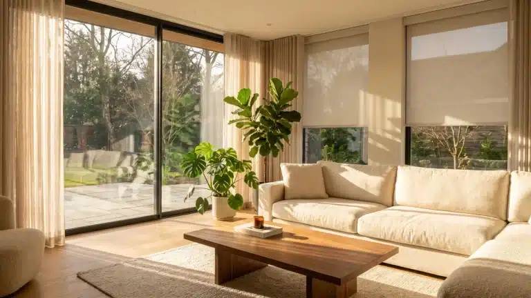 South-facing windows bringing warm natural light into a modern living room with plants and curtains.