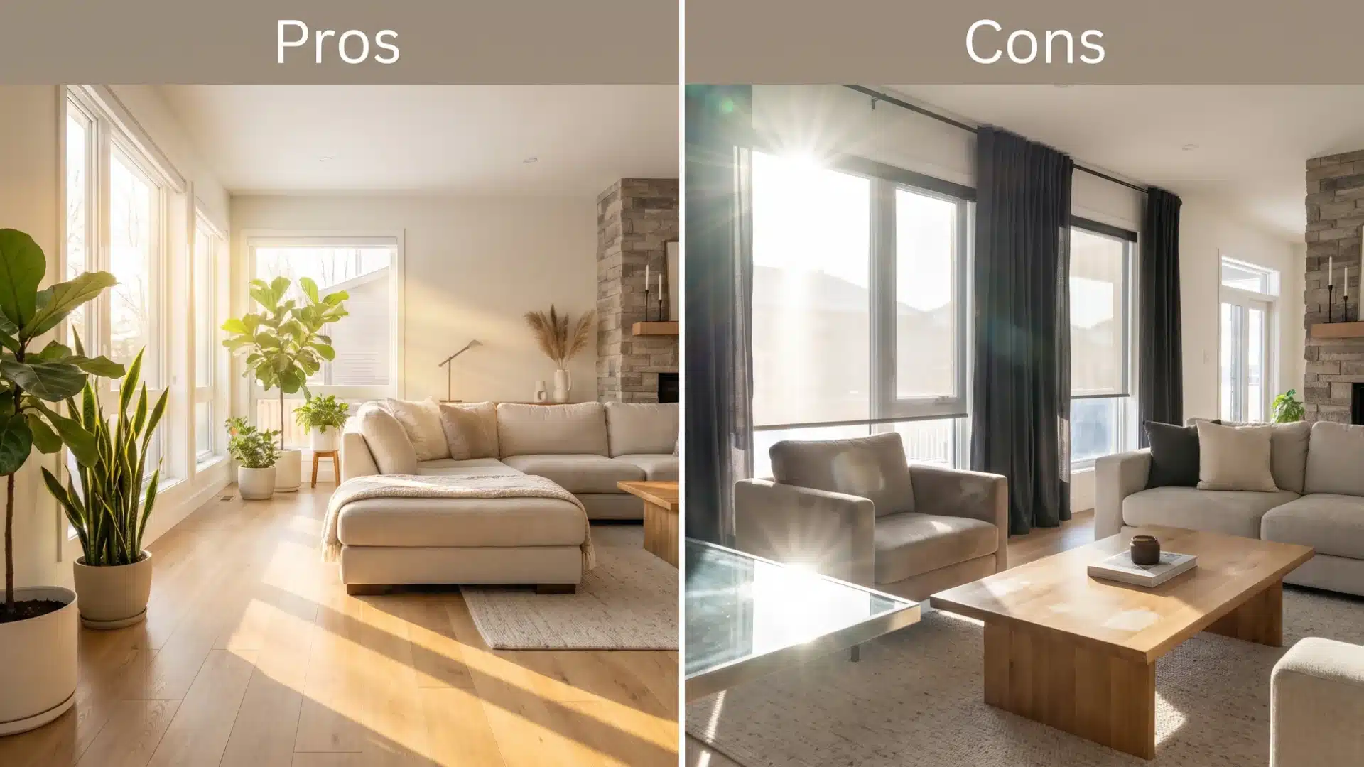 Pros and cons comparison of south-facing windows with bright and shaded rooms.