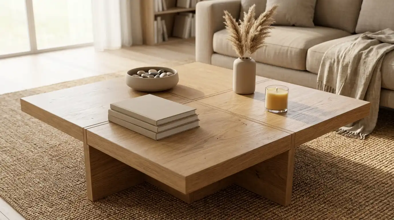 Square wooden coffee table styled with stacked books, dried grasses, a candle, and a decorative stone bowl.