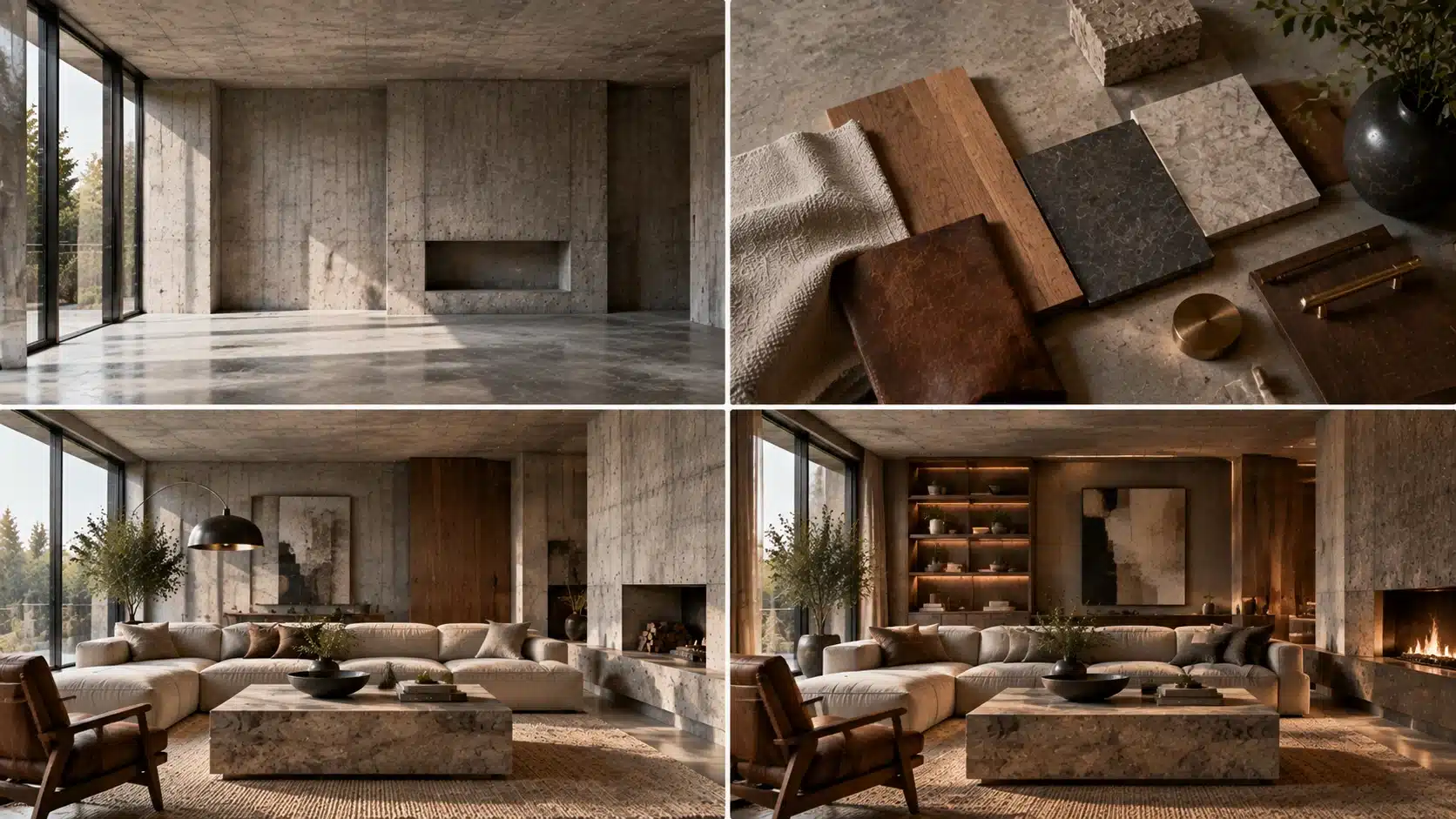 Step-by-step brutalist interior design with concrete surfaces, sculptural furniture, warm wood, lighting, textiles, and storage solutions