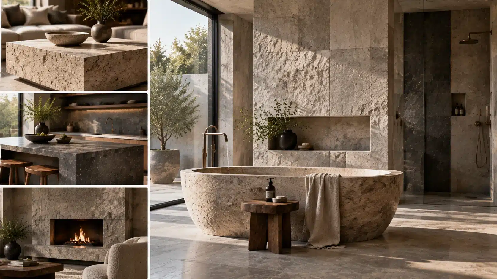 Brutalist interior with travertine, slate, and limestone textures used for a stone coffee table, fireplace, and natural surfaces